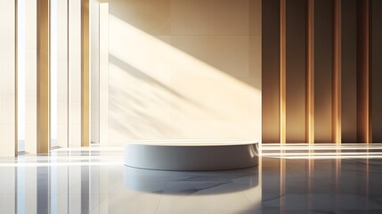 167. A contemporary podium with a smooth, glossy finish, placed in a spacious, open room with ample space for showcasing a high-end item