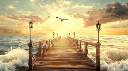 Golden sunset paints tranquil seaside pier as seabirds soar gracefully