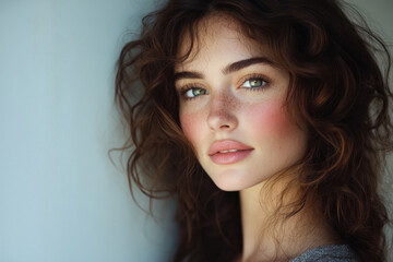Woman with long brown hair and green eyes gazing at city skyline from rooftop terrace, holding a cup of coffee, surrounded by potted plants and fairy lights in the evening.