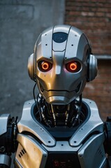 Fototapeta premium Retro-futuristic humanoid robot with glowing red eyes in an urban environment