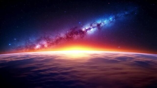 Stunning sunrise over the Earth from space with the Milky Way galaxy stretching across the stars, perfect for cosmic visuals, sci-fi concepts, universe exploration, and astronomy content

