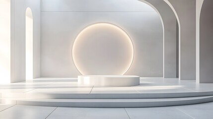 2. A futuristic podium with geometric shapes, offering an empty display space, surrounded by soft lighting in a minimalist interior.