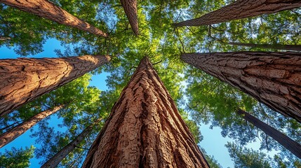 Low-angle view of majestic redwood trees reaching for a vibrant blue sky.