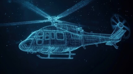 A sleek wireframe hologram of a helicopter glows against the dark backdrop, revealing intricate digital details.