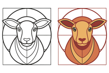 Geometric Sheep Design, Outlined and Colored Version, Isolated on White Background