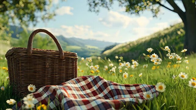 A single wicker nic basket with a plaid blanket styled in a sunny meadow. background