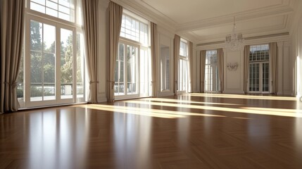 Fototapeta premium Sunlight streams through large windows onto polished hardwood floors in an elegant and spacious room during the daytime