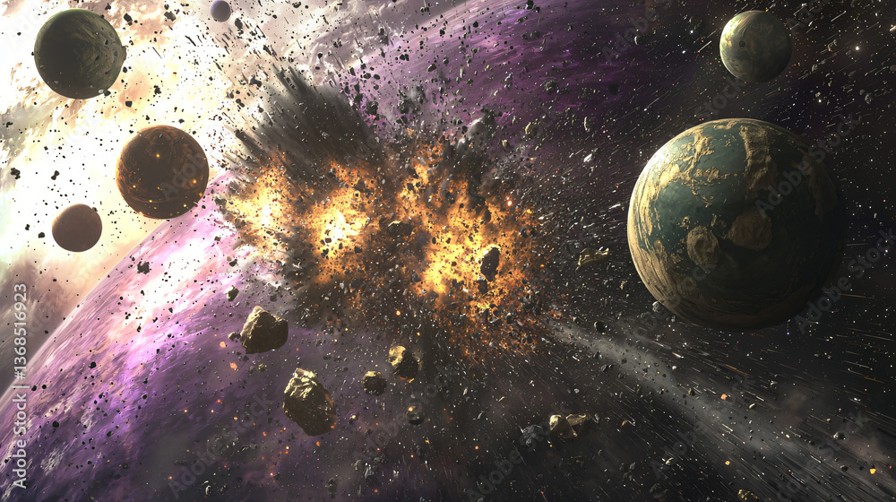 Poster a dynamic space scene featuring planets and asteroids in motion capturing the collision of celestial