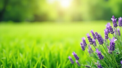 Obraz premium Serene Lavender Blossoms in a Lush Green Meadow, Bathed in Soft Sunlight