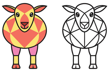 Stylized Lamb Illustration, Geometric Patterns, Front View, One Colored, One Line Art