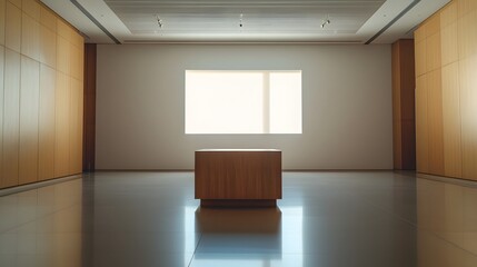 6. A podium made from polished wood, with a clean, flat display surface set in a modern exhibition space with bright, natural lighting.