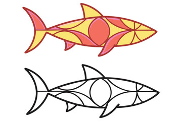 Two Sharks Outlines One Colorful & One Black Line Drawing on White Background