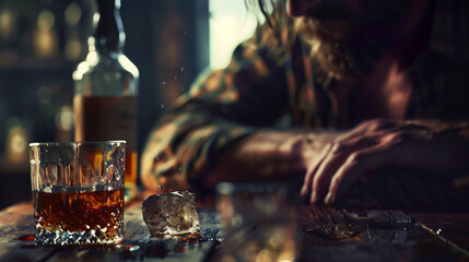A man is sitting at a table with a bottle of liquor in front of him