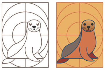 Two Panel Drawing Sea Lion in Outline and Color on Orange Background