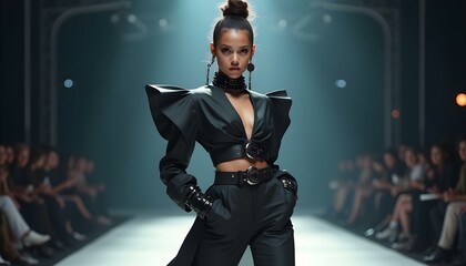 A stunning young model in avant-garde high fashion posing fiercely on a futuristic runway with moody lighting

