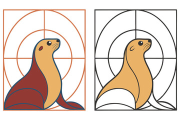 Geometric Sea Lion Color and Black Lineart on White Background