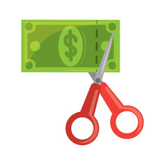 Vector illustration of scissors cutting a green dollar bill, symbolizing cost-cutting measures, expense reduction, budget cuts, debt reduction, financial savings, and reduced spending.
