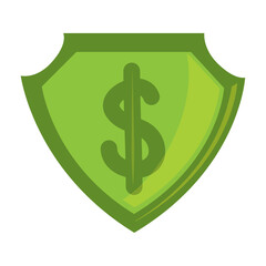 Vector illustration of a green shield with a prominent green dollar sign in the center, symbolizing financial security, money protection