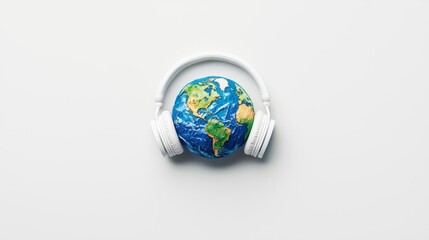 A globe with headphones symbolizes the fusion of music and global connection in modern culture.
