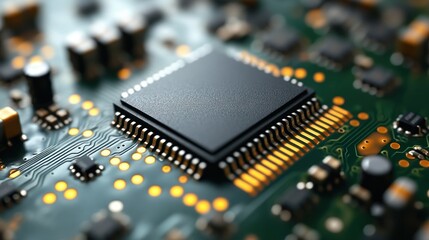 Obraz premium Close-up of a Microchip on a Circuit Board: The Heart of Modern Technology