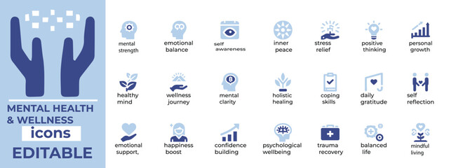 Calming mental health and wellness vector set perfect for therapy, mindfulness, and wellness branding High quality and editable