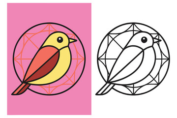 Flat Design Bird Icon Vector, Yellow and Red Bird, Abstract Circle Background, Cute Bird