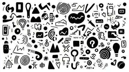 A creative collage of various abstract black-and-white shapes and symbols.