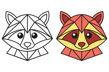 Half Colored Raccoon and Half Outline Raccoon on a Transparent Background