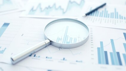 Fototapeta premium Analyzing and gathering statistical data. Growth charts. Many business reports and magnifying glass