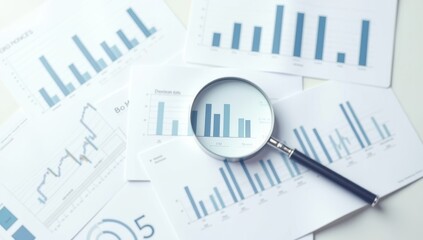 Analyzing and gathering statistical data. Growth charts. Many business reports and magnifying glass