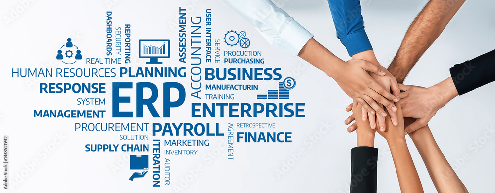 Aufkleber a dynamic team collaborates on erp solutions, showcasing hands united in a meeting. this image refle