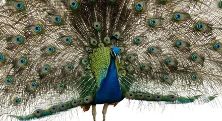 Naklejka premium Majestic peacock displaying vibrant iridescent tail feathers with eye-like patterns against a bright backdrop.