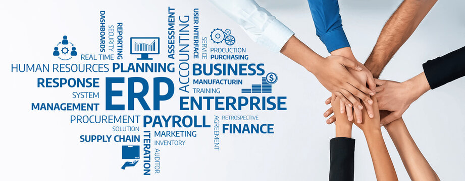 A dynamic team collaborates on ERP solutions, showcasing hands united in a meeting. This image reflects business strategy, management processes, and teamwork in an office setting. Amity