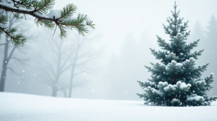 Serene Winter Scene Snow-Dusted Pine Branch and Evergreen Tree in a Misty Forest
