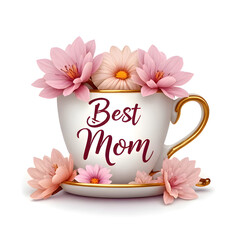 A white teacup with "Melhor M&atilde;e" (Best Mom), on a saucer adorned with pink, orange flowers. A heartwarming tribute to motherhood