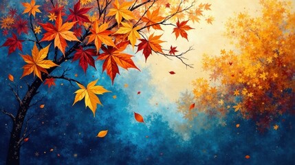 Autumnal Tree Branch with Vibrant Red and Golden Leaves Against a Deep Blue Sky Background