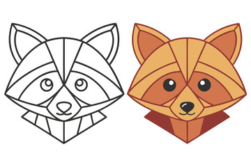 Geometric Raccoon Head, Line Art and Colored Version, Isolated on White Background