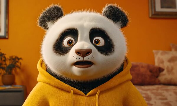 Cartoon panda in yellow hoodie with surprised expression against orange bokeh background. Cute character design concept
