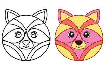 Cute Raccoon Face Cartoon with Outlined and Colored Versions Isolated