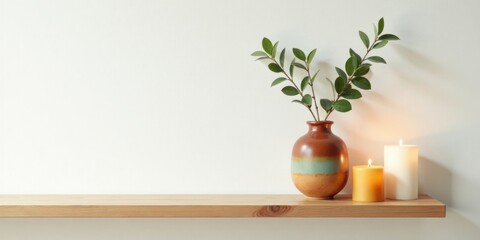Fototapeta premium Simple Serenity A Wooden Shelf Display with Earthy Vase, Greenery, and Burning Candles