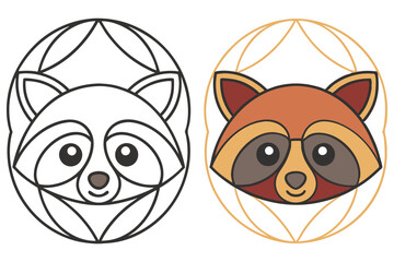 Cartoon Raccoon Face, Outline Style, Detailed Design, Two Styles, Mascot