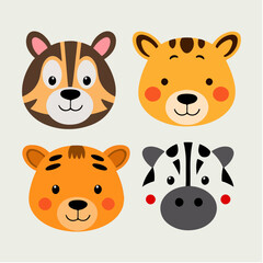 Cute wild animal faces set. Vector illustration of woodland and safari animal faces