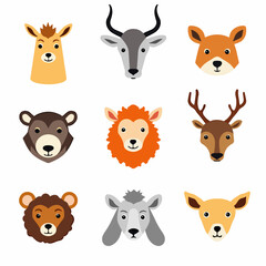 Cute wild animal faces set. Vector illustration of woodland and safari animal faces