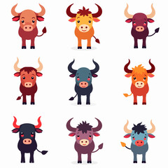 Cute cow character manga emoji set. Cow animal cartoon mascot emoji icons. Vector illustration	