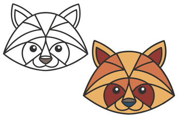 Two Raccoon Heads Art Deco Style with Transparent Background, Black Outline, Animal