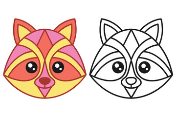 Colorful Raccoon Head Outlines Cartoon Design on White Background