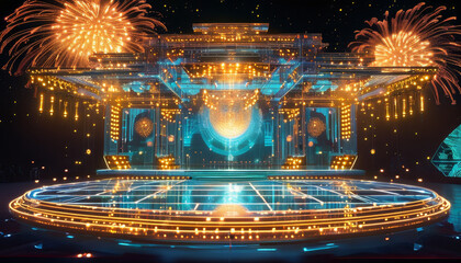 Navaratri product display background podium, Futuristic Garba Arena, glass podium, soft golden lighting, Garba dance floor, glowing light, rangoli pattern, digital fireworks, tradition, ad, podium