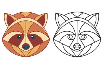 Geometric Raccoon Head Colorful Design & Line Art Version, Isolated on White Background