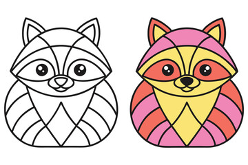 Isolated Raccoon Outline and Colored Version with Geometric Patterns on White