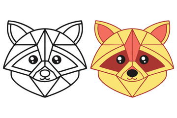 Geometric Raccoon Heads Line Art and Color Block Style on White Background